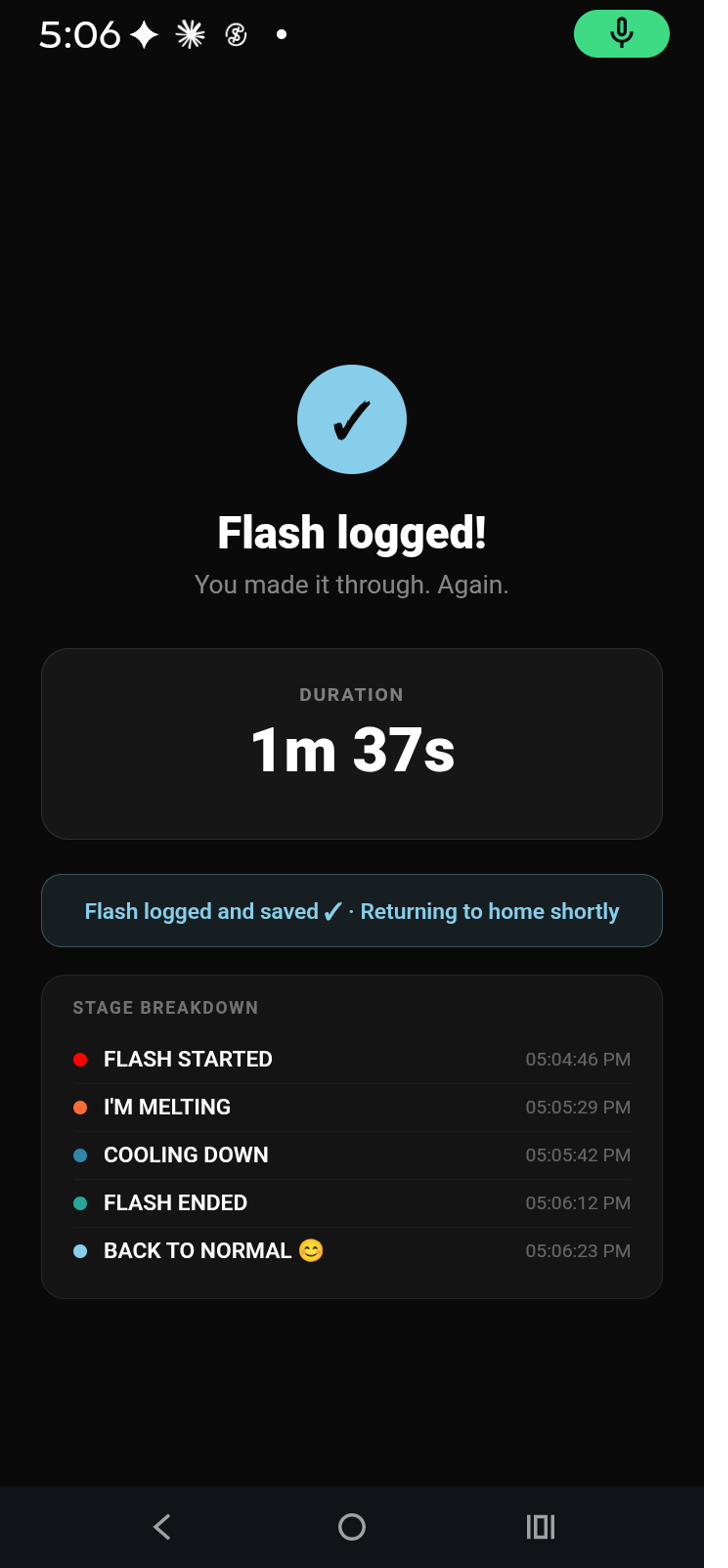 FLASHYAF™ flash logged confirmation screen showing duration and a full stage breakdown timeline