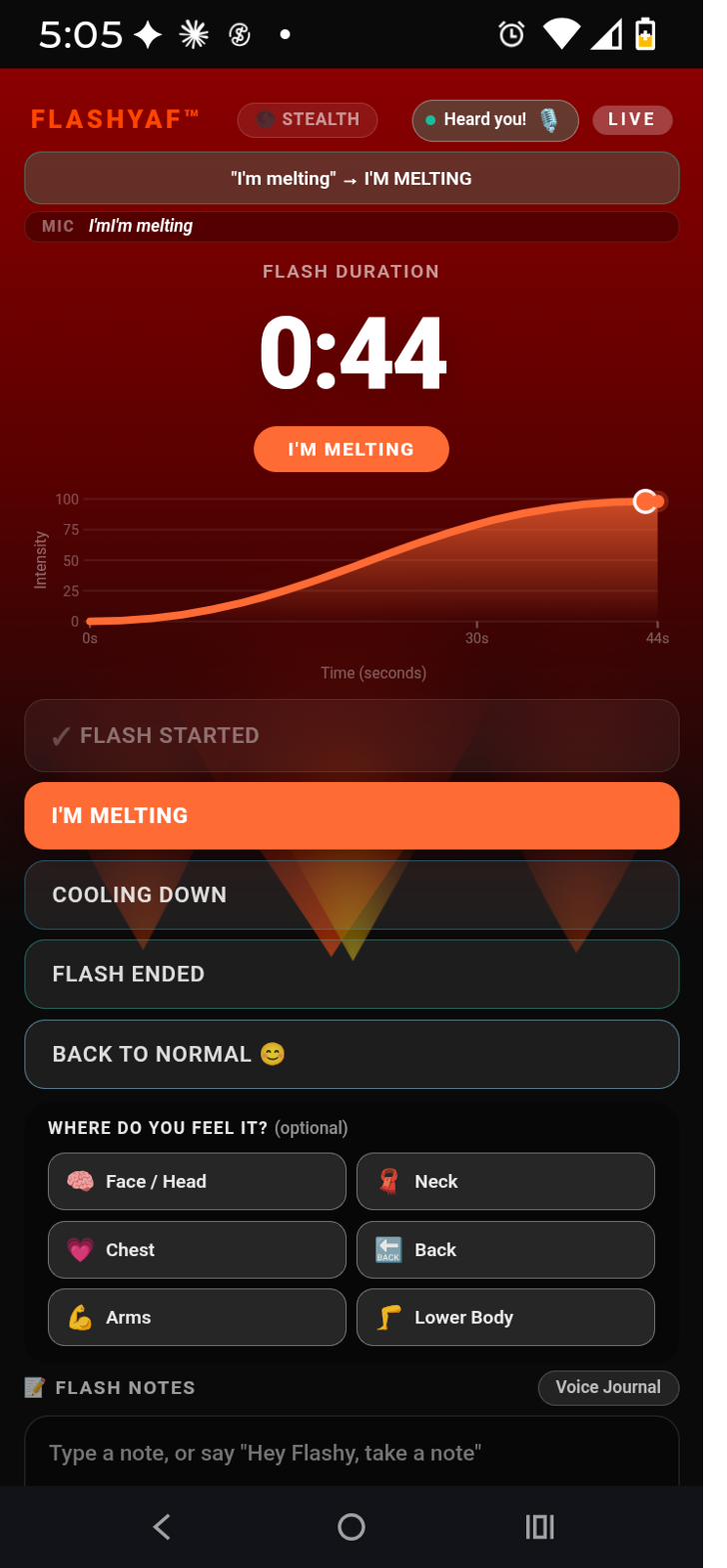 FLASHYAF™ live flash tracking screen at peak intensity, showing the I'M MELTING stage and a recognized voice command
