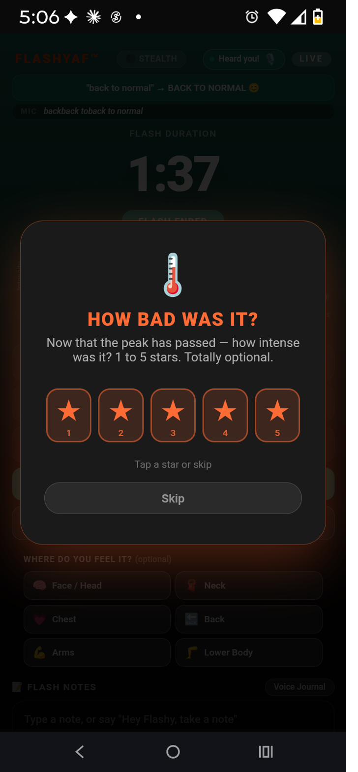 FLASHYAF™ optional intensity rating screen asking how bad the flash was, with a 1 to 5 star scale and a skip option