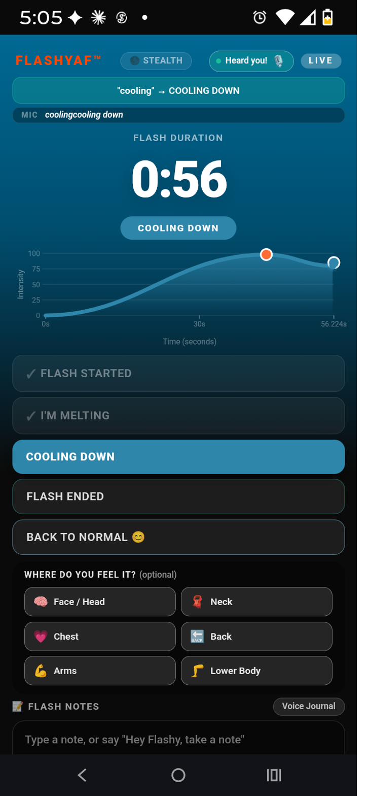 FLASHYAF™ live flash tracking screen showing the app recognizing the spoken word cooling and advancing to the COOLING DOWN stage automatically